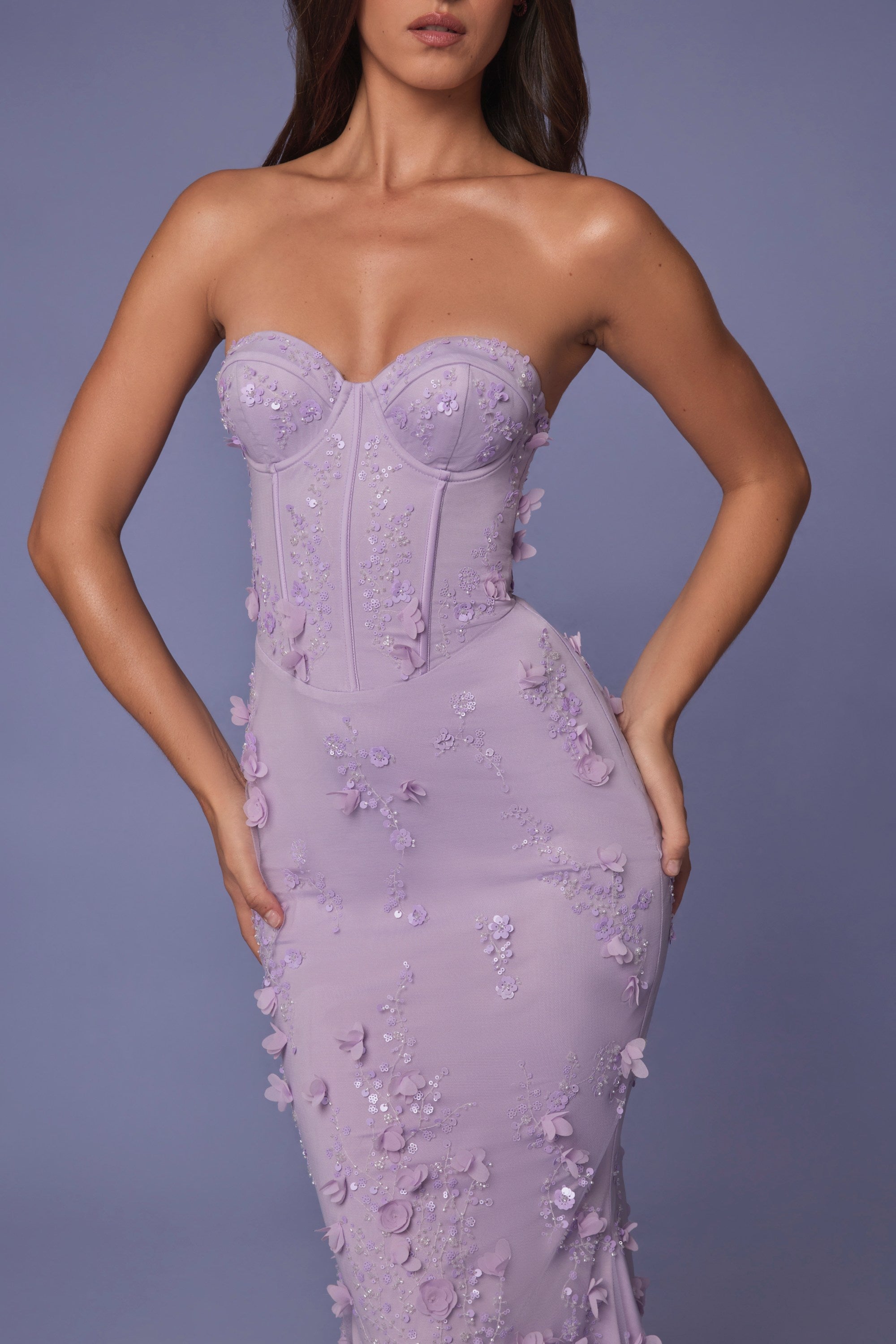 Lace-Up Corset Maxi Dress in Lilac