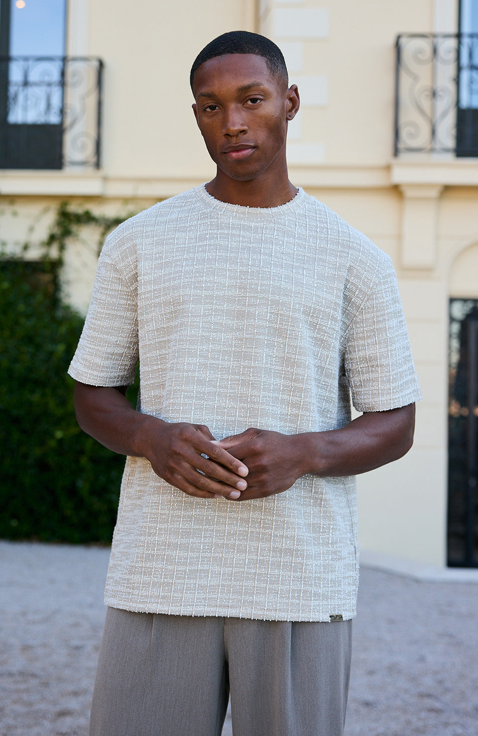 Arlio Textured Relaxed Boxy Tee in Beige