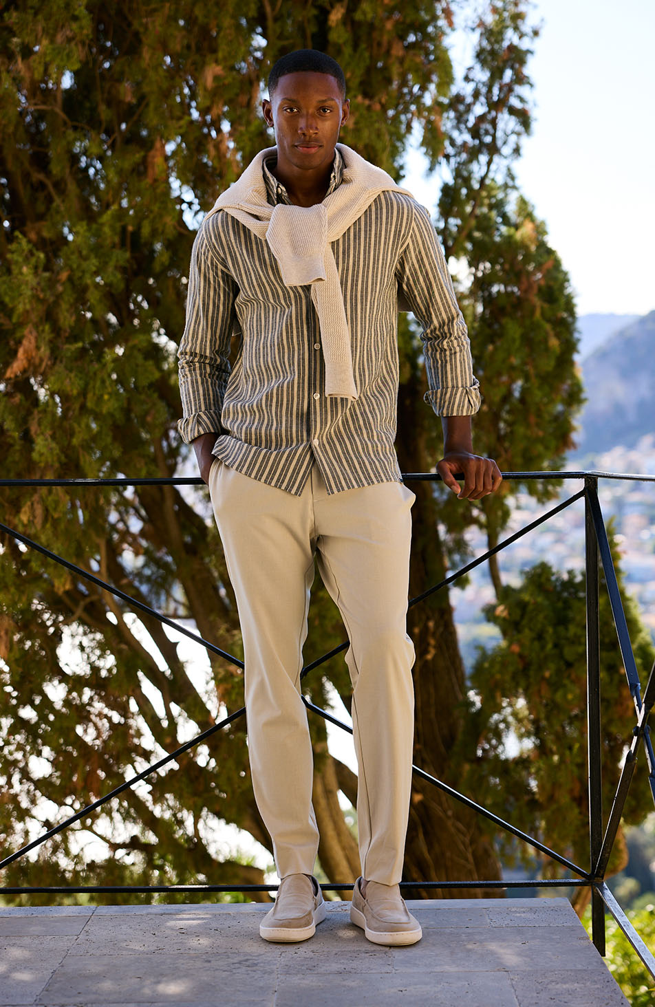 Bocelli Long Sleeve Stripe Shirt in Beige and Charcoal