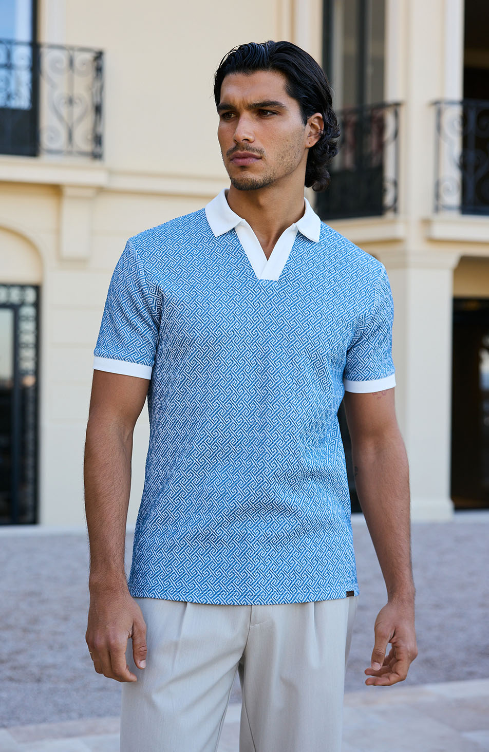 Calvi Swirl Geo Jacquard Slim Polo in Blue