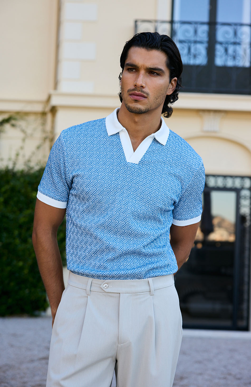 Calvi Swirl Geo Jacquard Slim Polo in Blue