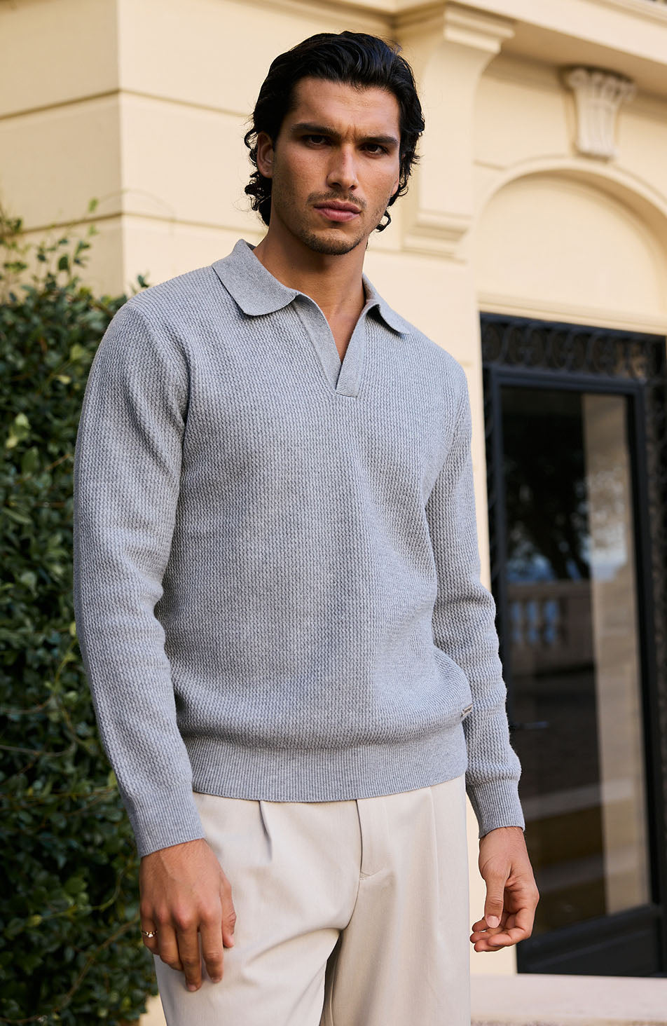 Dolce Relaxed Fit Long Sleeve Revere Jumper in Grey