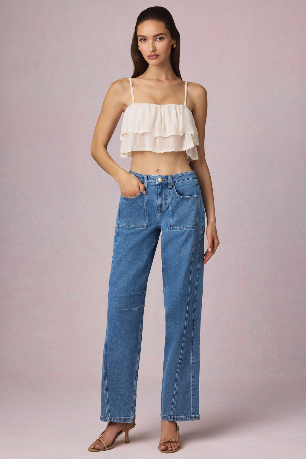 Mid-Rise Barrel-Leg Jeans in Mid-Blue Wash