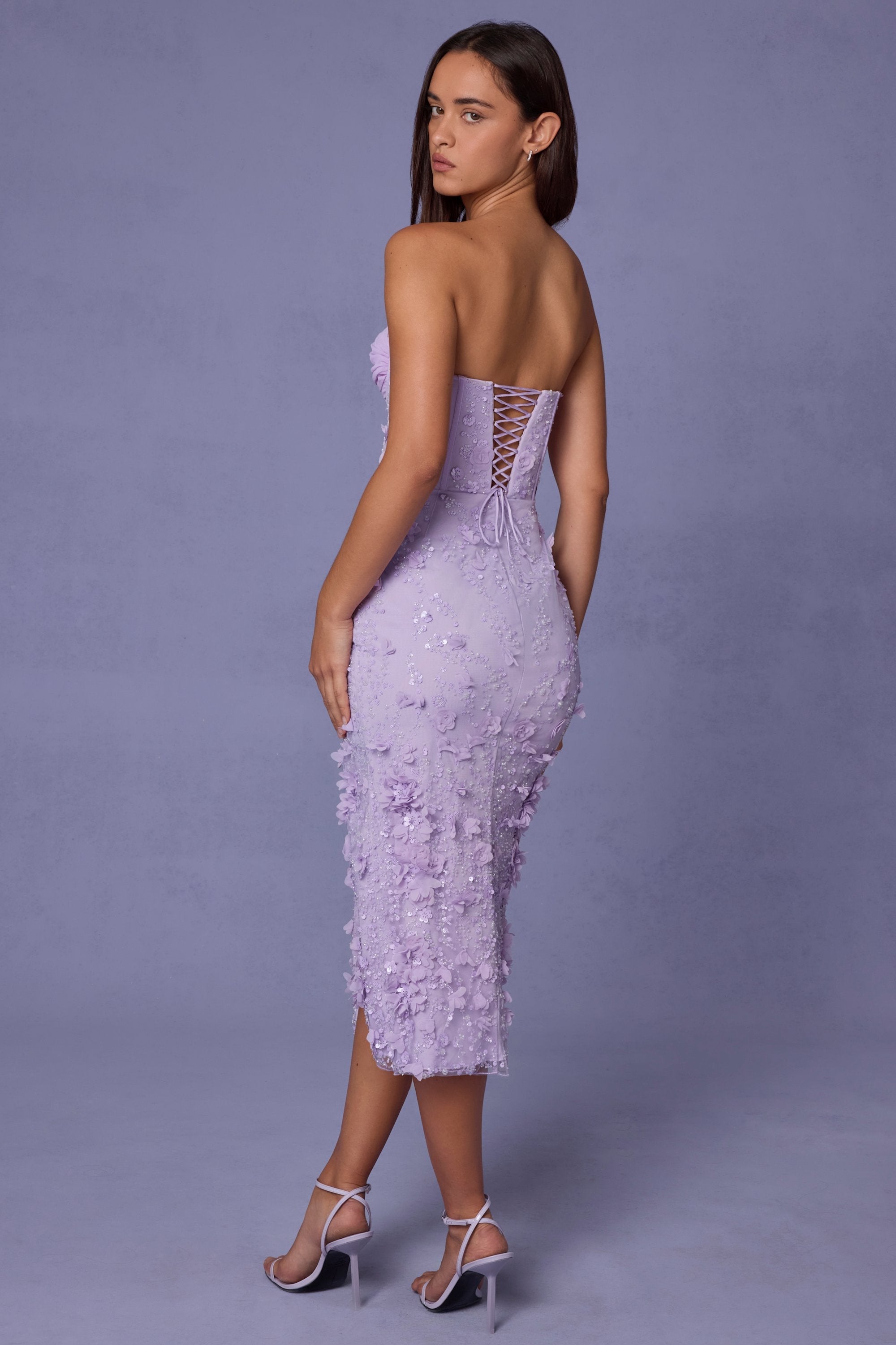 Lace-Up Corset Midaxi Dress with Split in Lilac