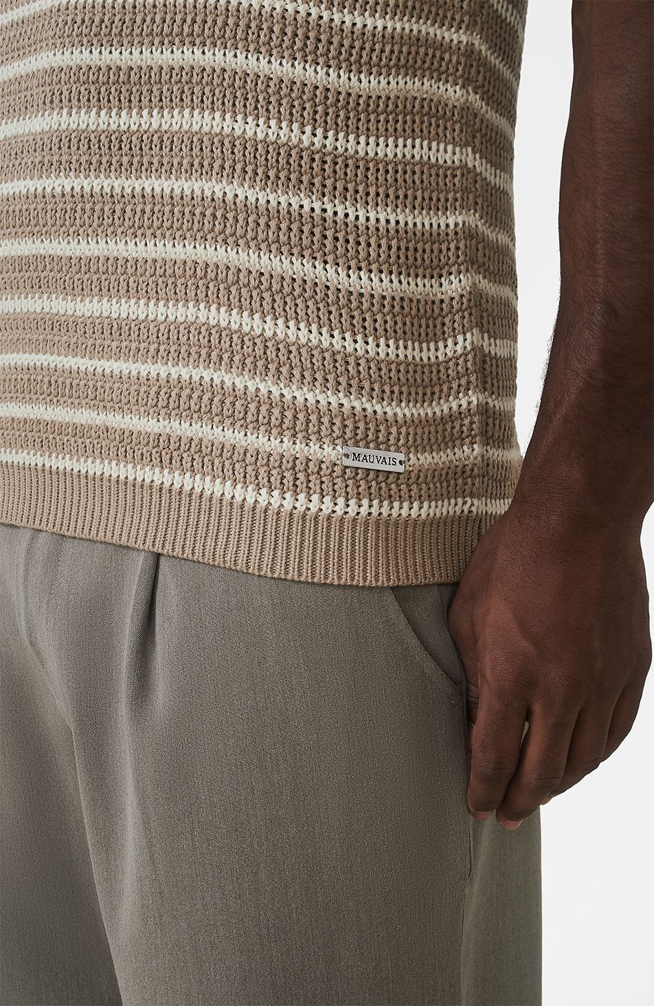 Fontelina Button Placket Knit Stripe Polo in Beige