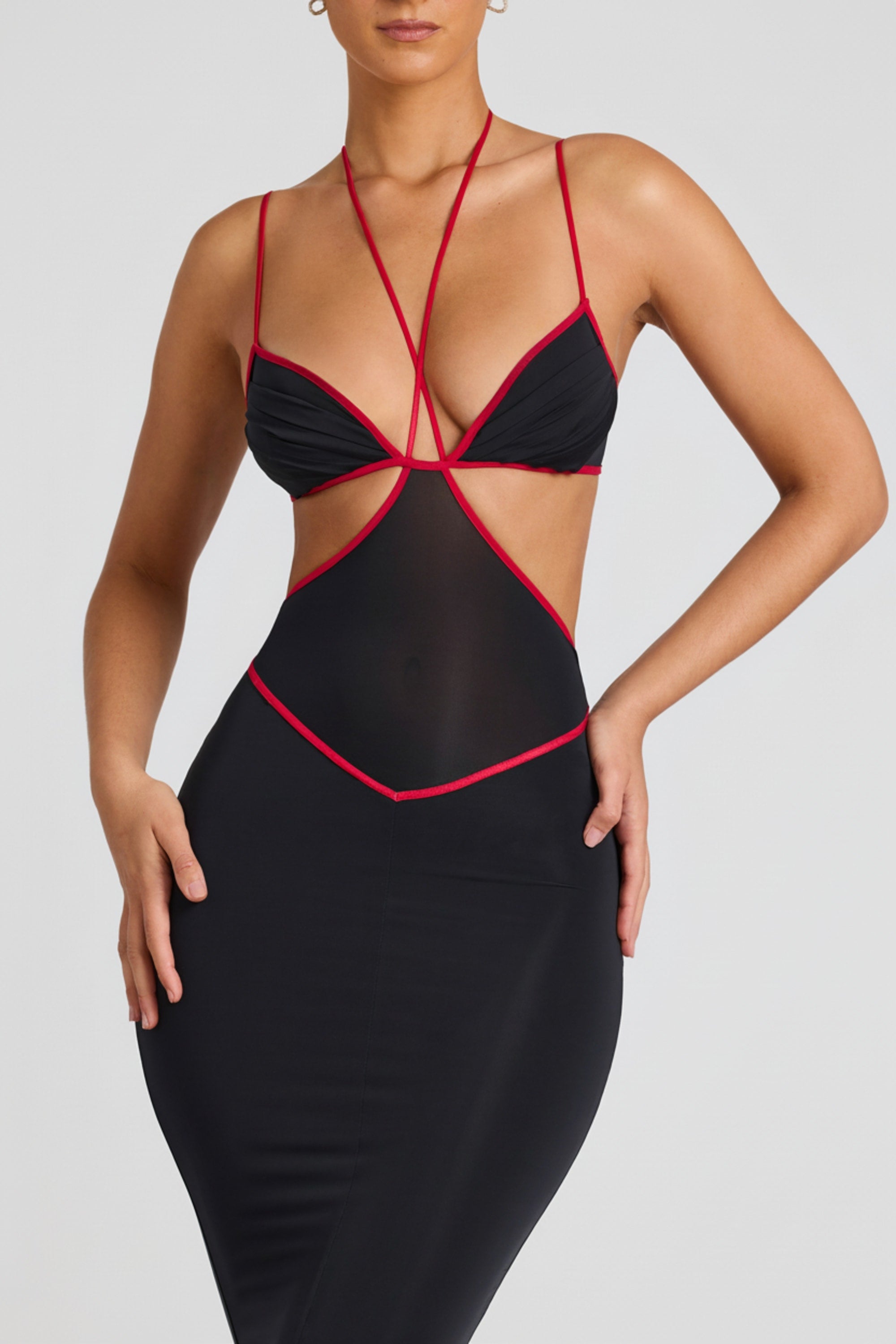 Contrast Binding Cut Out Evening Gown in Black